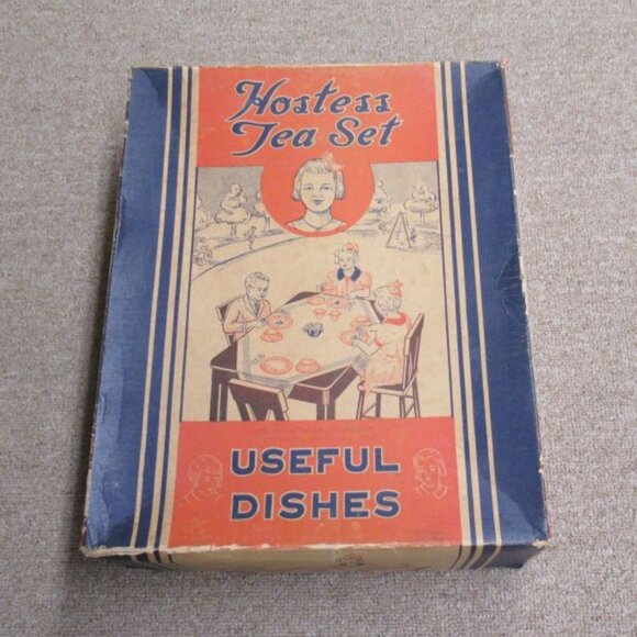 McKee Glass Custard LAUREL Red Trim 14 Pc Childs Hostess Tea Set O. Display Box - Picture 8 of 8